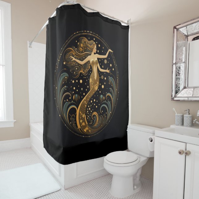 Mermaid Black and Gold Art Deco Shower Curtain (In Situ)