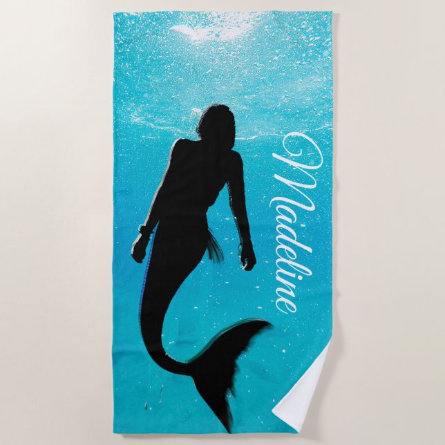 Mermaid Black Blue Ocean Summer Modern Beach Beach Towel (Front)