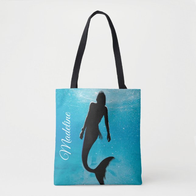 Mermaid Black Blue Ocean Summer  Modern Beach Tote Bag (Front)