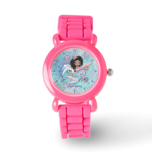 Mermaid Black Hair Custom Girl Wrist Watch (Front)