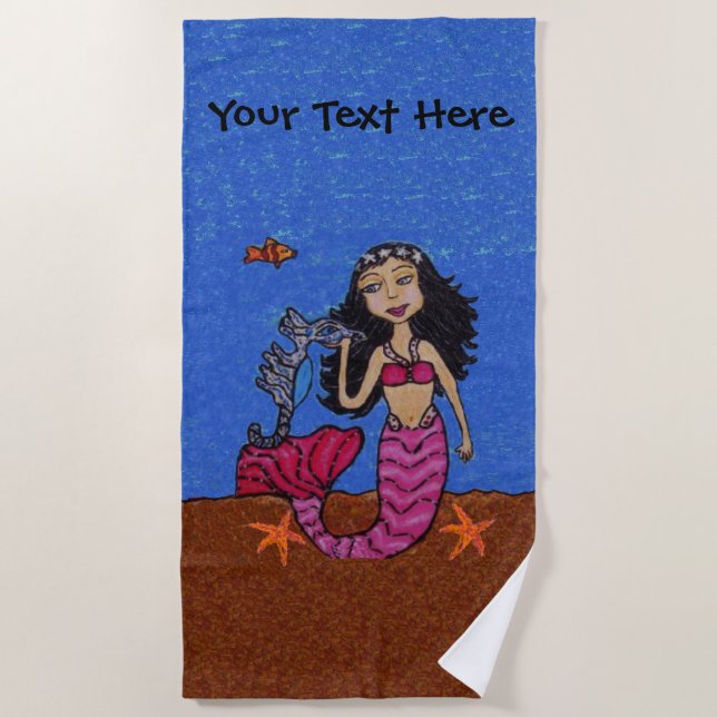 Mermaid Black Hair Pink Tail Seahorse Starfish Beach Towel (Front)