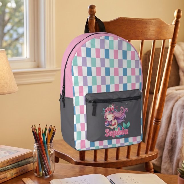 Mermaid blocks pink name pattern  printed backpack (Creator Uploaded)