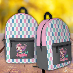 Mermaid blocks pink name pattern  printed backpack