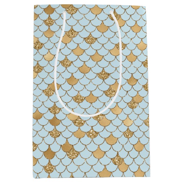 Mermaid Blue Gold Glitter Sparkle Medium Gift Bag (Front)