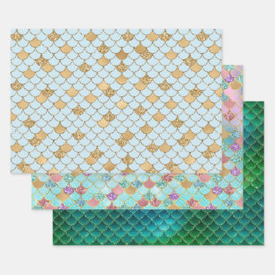 Mermaid Blue Gold Glitter Sparkle Wrapping Paper Sheet