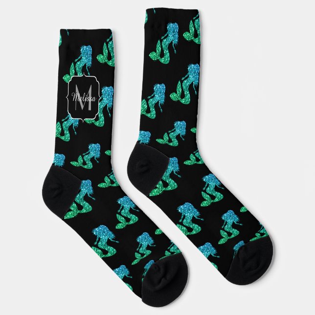 Mermaid blue green ombre Sparkles pattern Monogram Socks (Right)