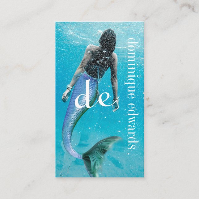 Mermaid Blue Modern Monogram Stylish Business Card (Front)