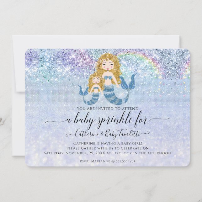 Mermaid Blue Rainbow Blonde Baby Girl Sprinkle Invitation (Front)