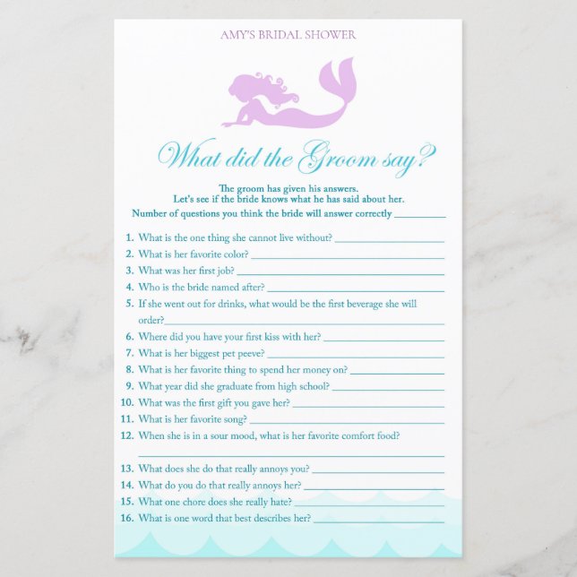 Mermaid Bridal Shower Game - What did Groom Say (Front)
