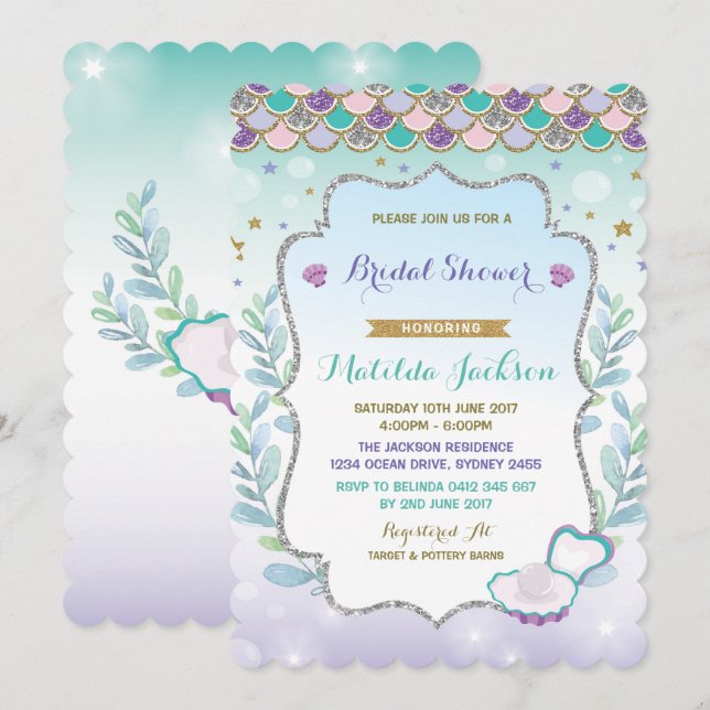 Mermaid Bridal Shower Invitation Beach Ocean Party (Front/Back)
