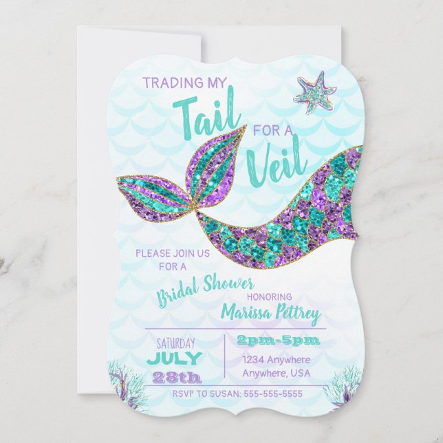 Mermaid  Bridal Shower invitation, glitter Invitation (Front)