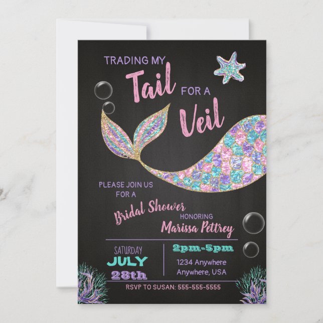 Mermaid  Bridal Shower invitation, glitter Invitation (Front)