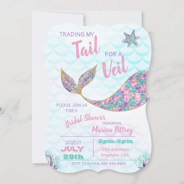 Mermaid  Bridal Shower invitation, glitter pastel Invitation (Front)