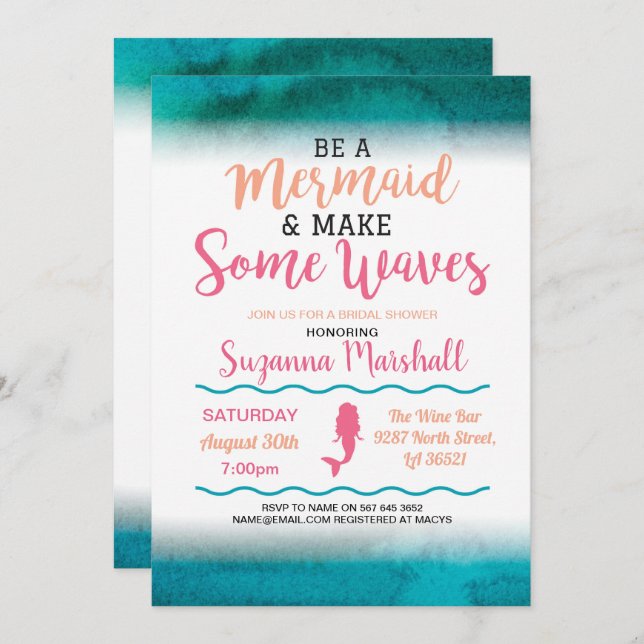 Mermaid Bridal Shower Invite Pink Bachelorette (Front/Back)