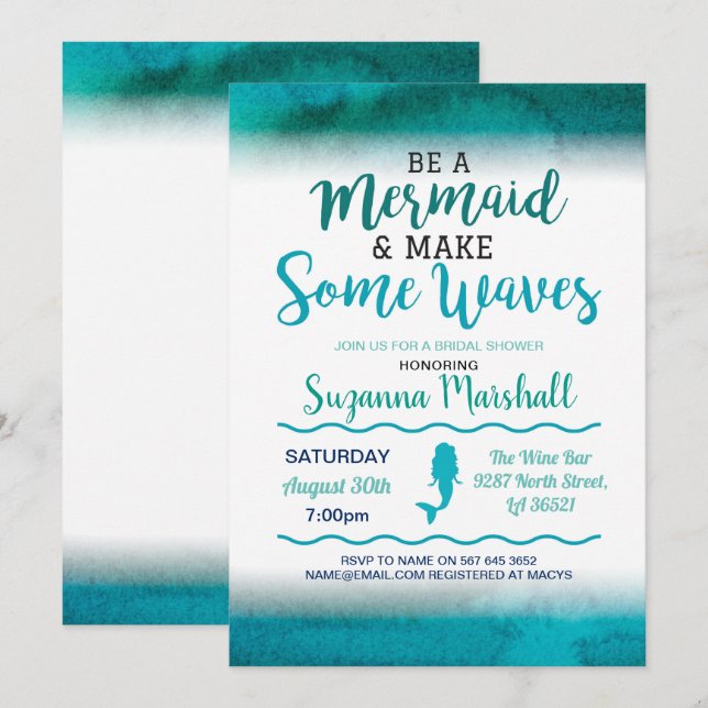 Mermaid Bridal Shower Invite Teal Bachelorette (Front/Back)
