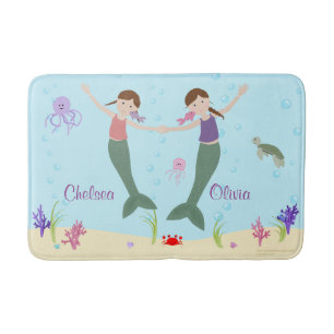 Mermaid Brown Hair Sisters Personalised Bath Mat