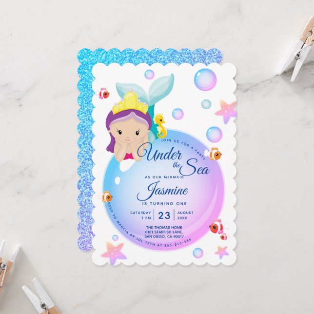 Mermaid Bubble Glitter Purple Teal Baby Birthday Invitation (Front/Back In Situ)