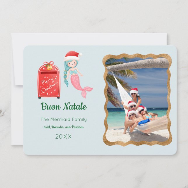 Mermaid Buon Natale Photo Greeting Card (Front)