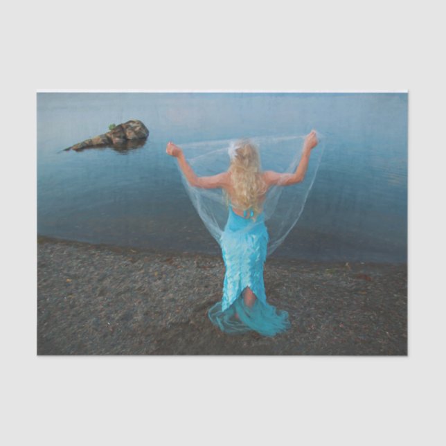 Mermaid By The Sea Blue Painted Nautical Fantasy Tissue Paper (Front)