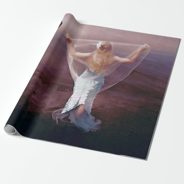 Mermaid By The Sea Purple Nautical Retro Wrapping Paper (Unrolled)