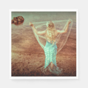 Mermaid By The Sea Vintage Teal Brown Napkin