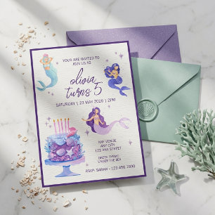 Mermaid Cake Purple Glitter Under The Sea Birthday Invitation