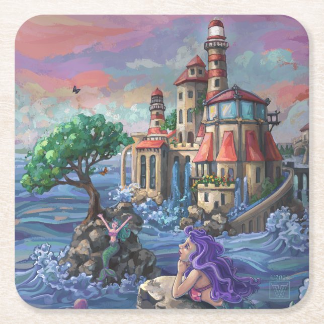 Mermaid Castle Square Paper Coaster (Front)