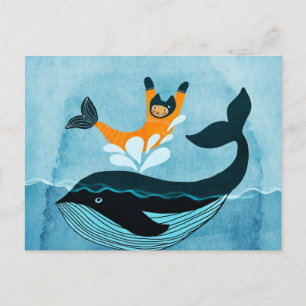 Mermaid Cat and Whale funny Postcard