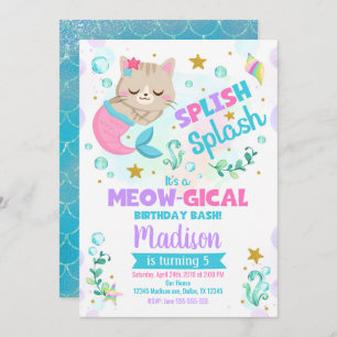 Mermaid Cat Birthday Invitation, Kitten Pool Party Invitation