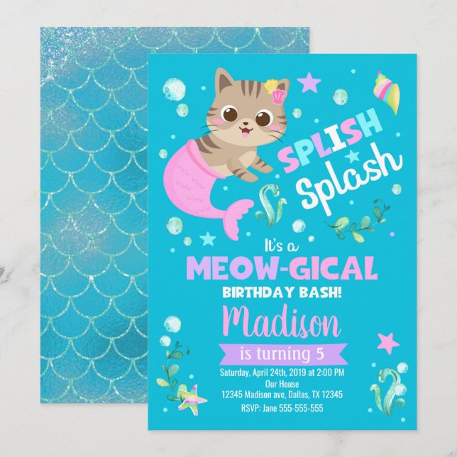 Mermaid Cat Birthday Invitation, Kitten Pool Party Invitation (Front/Back)