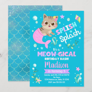 Mermaid Cat Birthday Invitation, Kitten Pool Party Invitation