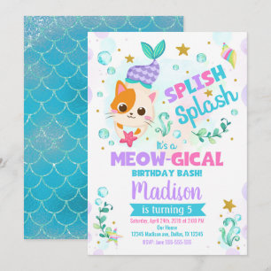Mermaid Cat Birthday Invitation, Kitten Pool Party Invitation