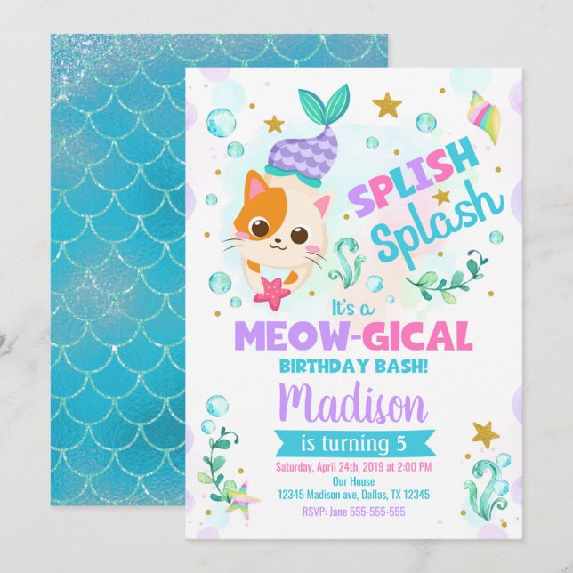 Mermaid Cat Birthday Invitation, Kitten Pool Party Invitation (Front/Back)