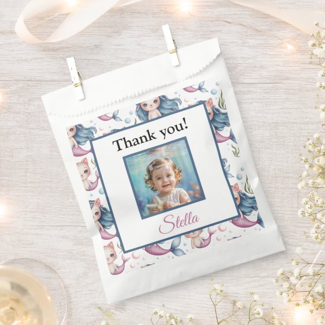 Mermaid Cat Birthday Thank You Photo Favour Bags (Clipped)