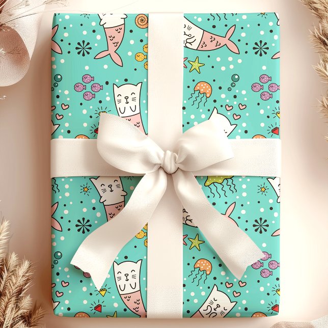 Mermaid Cat  Nautical Ocean Jellyfish Cute Pattern Wrapping Paper (Creator Uploaded)