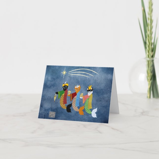 Mermaid Cat Three wise men Folded Holiday Card (Front)