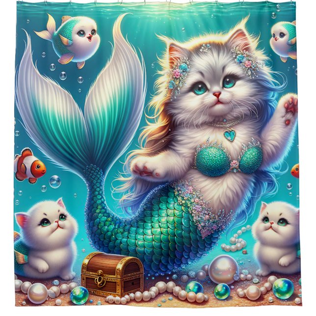“Mermaid Cat with Kittens - Whimsical Water Art" Shower Curtain (Front)