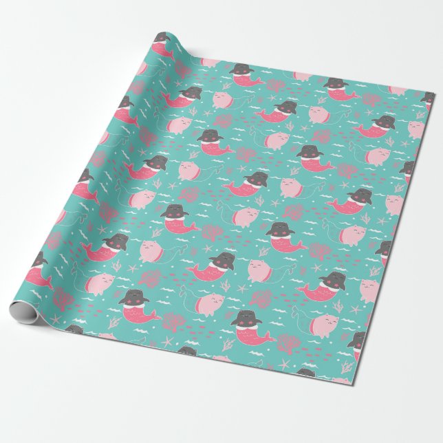 Mermaid Cats Wrapping Paper (Unrolled)