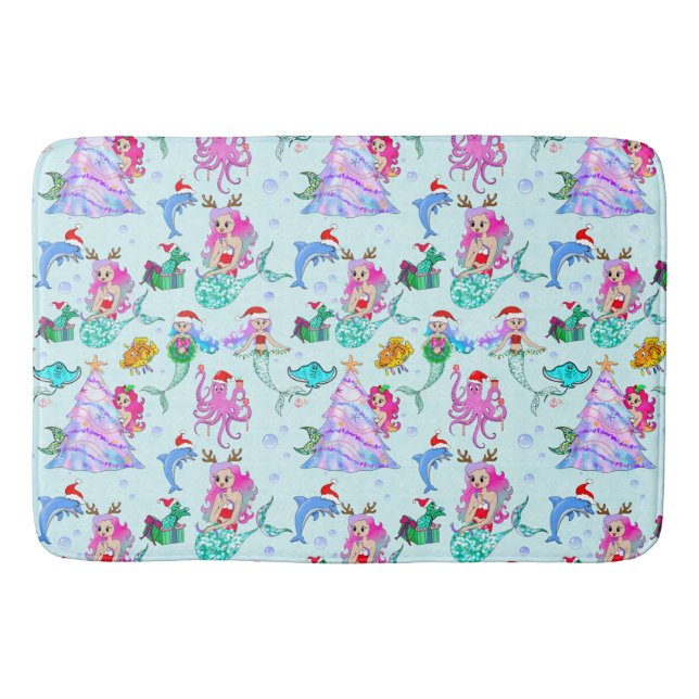 Mermaid Celebrating Christmas With Friends  Bath Mat (Front)