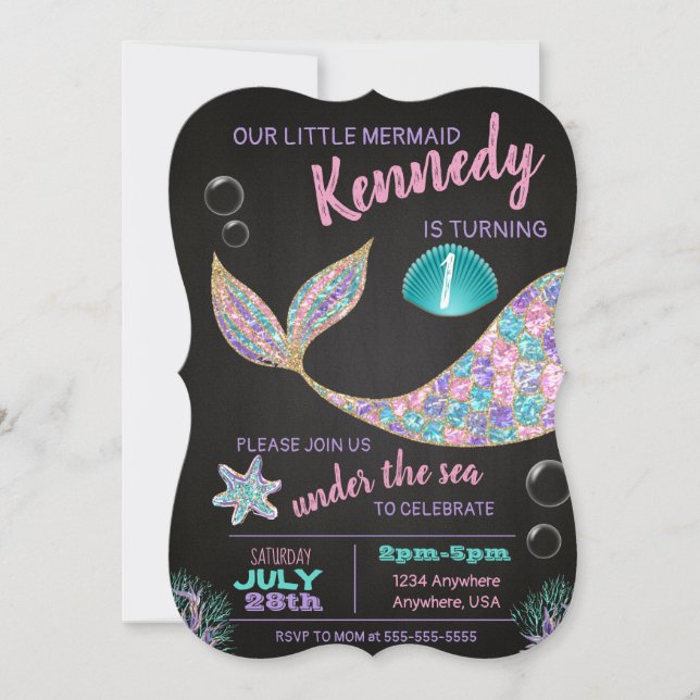 Mermaid Chalkboard birthday invitation, glitter Invitation (Front)