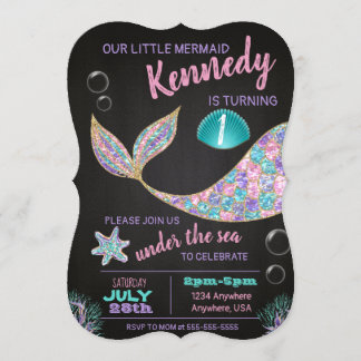 Mermaid Chalkboard birthday invitation, glitter Invitation