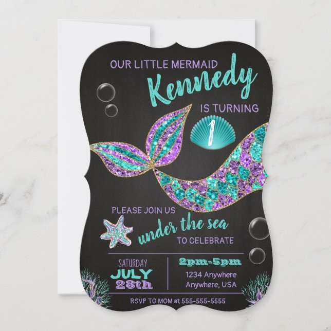 Mermaid Chalkboard birthday invitation, glitter Invitation (Front)