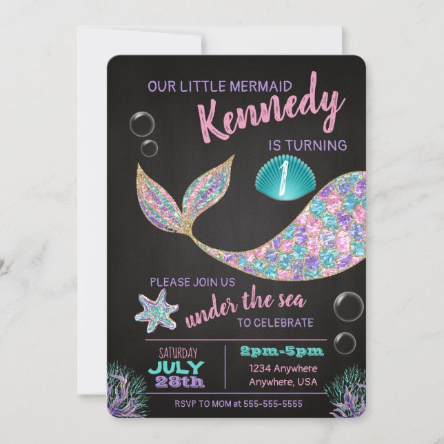 Mermaid Chalkboard birthday invitation, glitter Invitation (Front)
