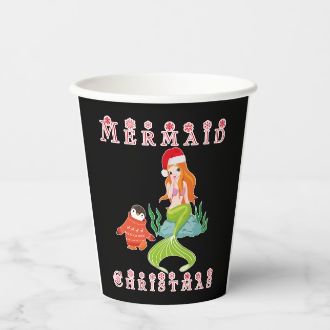 Mermaid Christmas and Funny Penguin Paper Cups (Front)