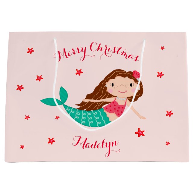 Mermaid Christmas Blush Pink Personalised Large Gift Bag (Front)