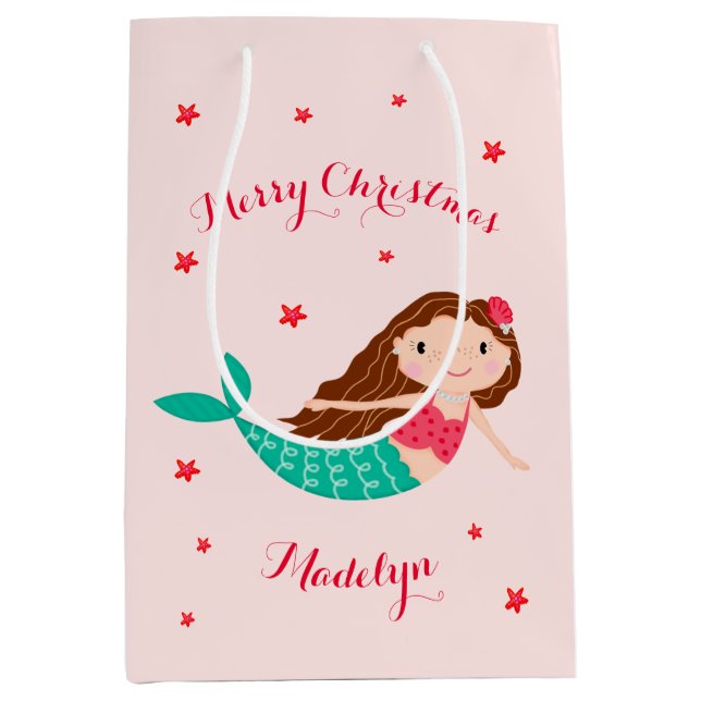Mermaid Christmas Blush Pink Personalised Medium Gift Bag (Front)