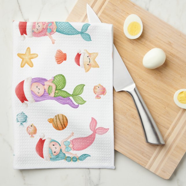 Mermaid Christmas Pattern Tea Towel (Quarter Fold)