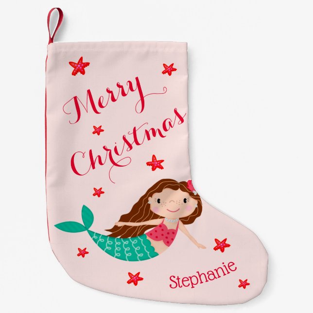 Mermaid Christmas Personalised Blush Pink Small Christmas Stocking (Front)