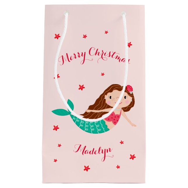 Mermaid Christmas Personalised Name Pink Small Gift Bag (Front)