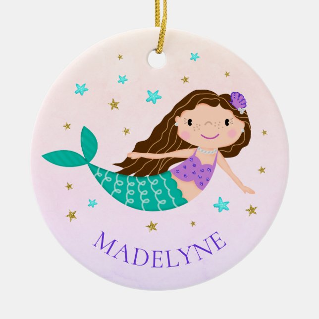 Mermaid Christmas Personalized Name Ceramic Tree Decoration (Front)
